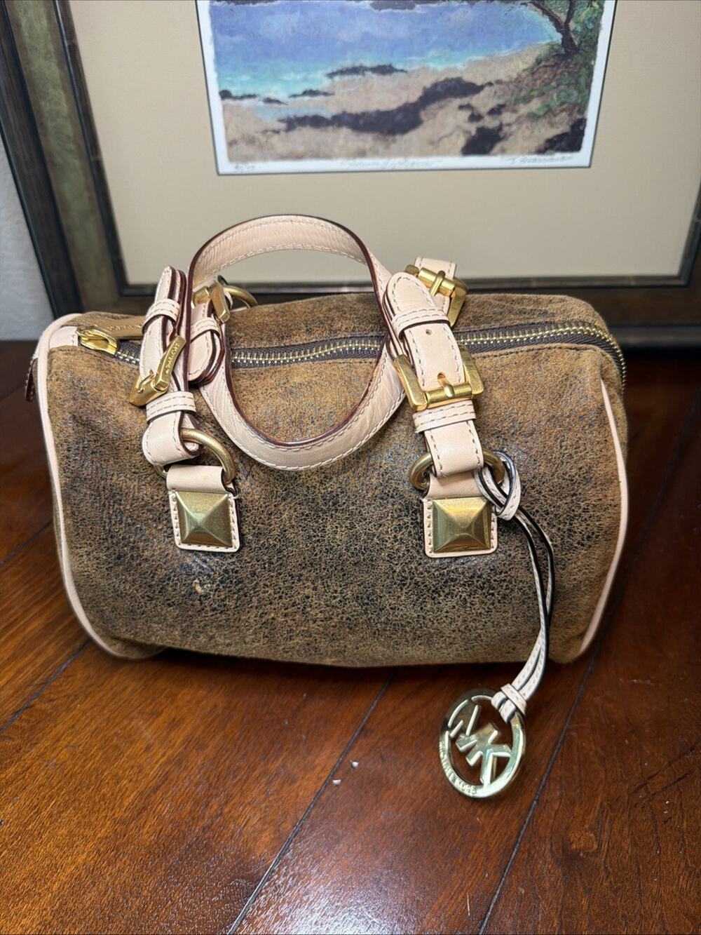 Michael Kors Small Grayson Distressed Suede Satchel Handbag Brown RARE